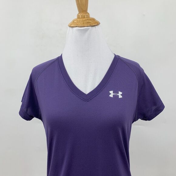 Under Armour T Shirt Womens XS Purple Semi Fitted HeatGear V Neck Sweat Wick - Picture 3 of 14